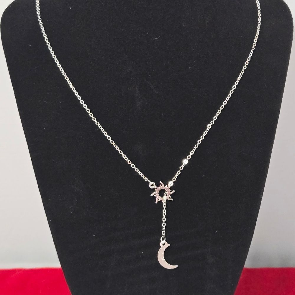 Silver Sun & Moon Lariat Necklace | Celestial Moon Phase Pendant Stainless Steel